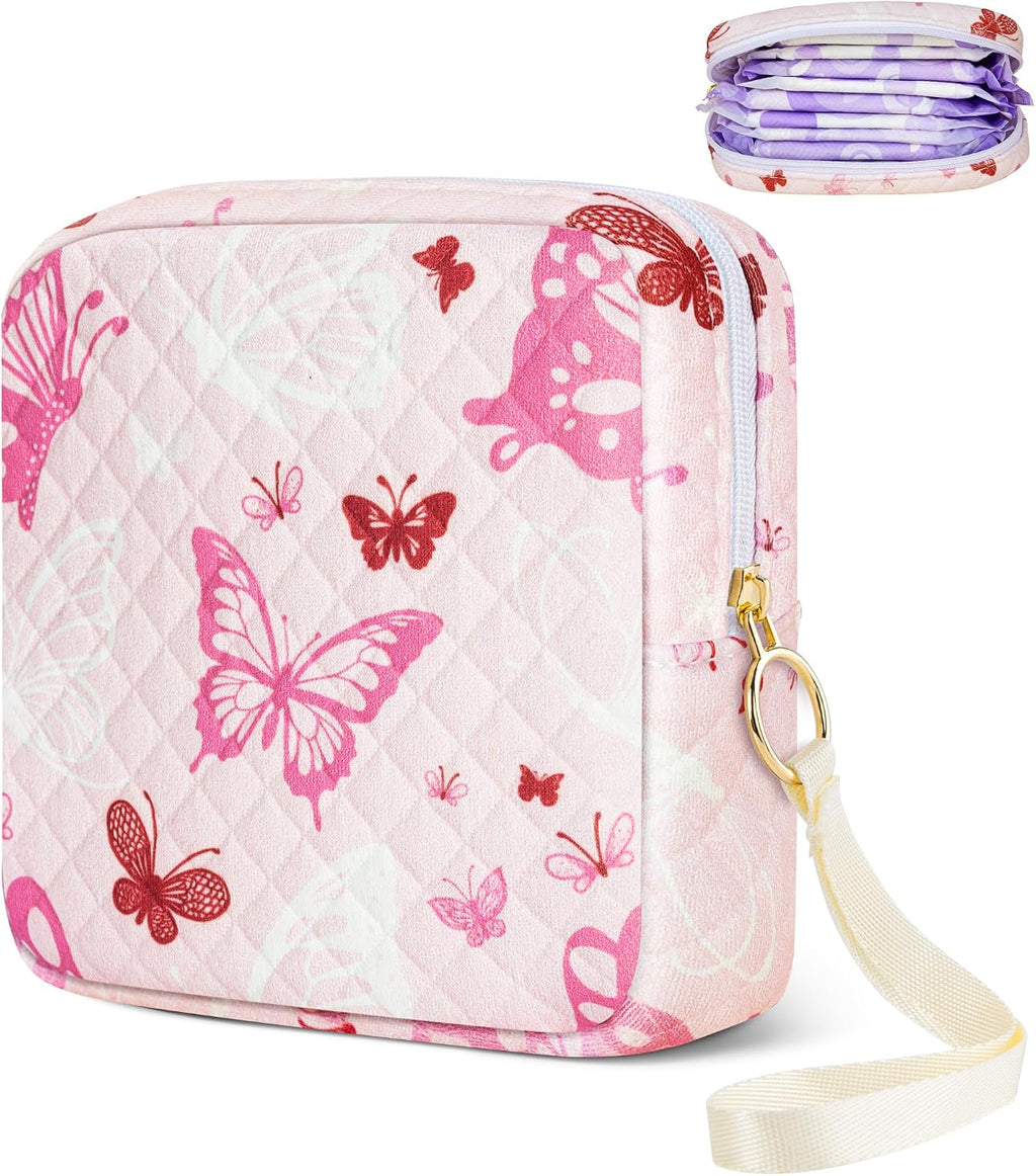 Likesing Tampon Holder for Purse, Quilted Period Bag Sanitary Napkin Storage Bag for Girls Womens, Portable Feminine Emergency Pad Period Pouch(Butterfly Pink)