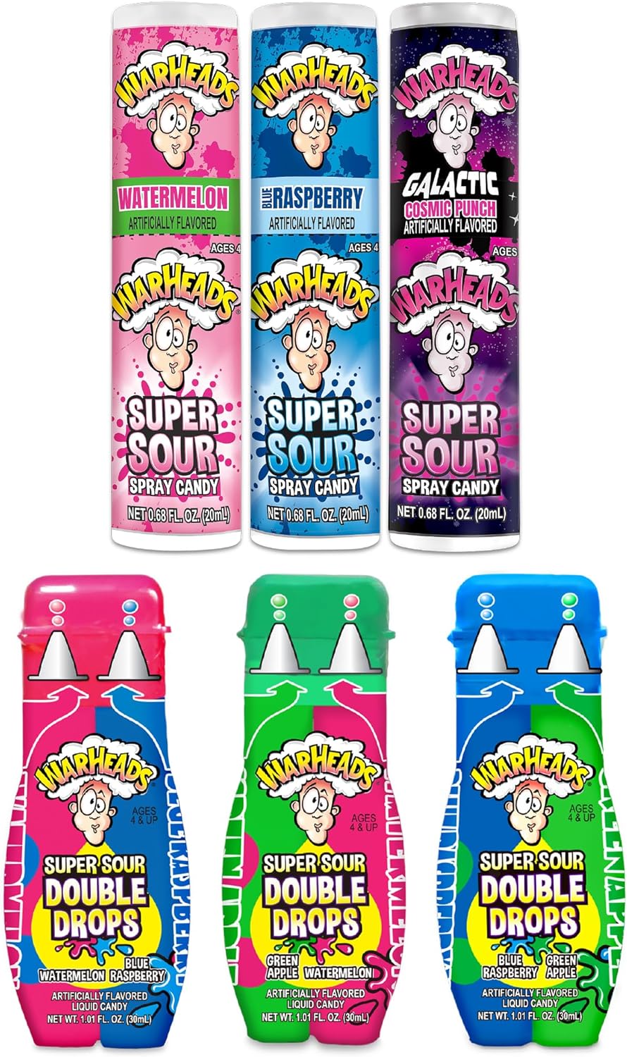 WARHEADS Super Sour Double Drops & Candy Spray Sampler - Assorted Fruity Flavored Liquid Candy - 6 Pack with 1 of Each