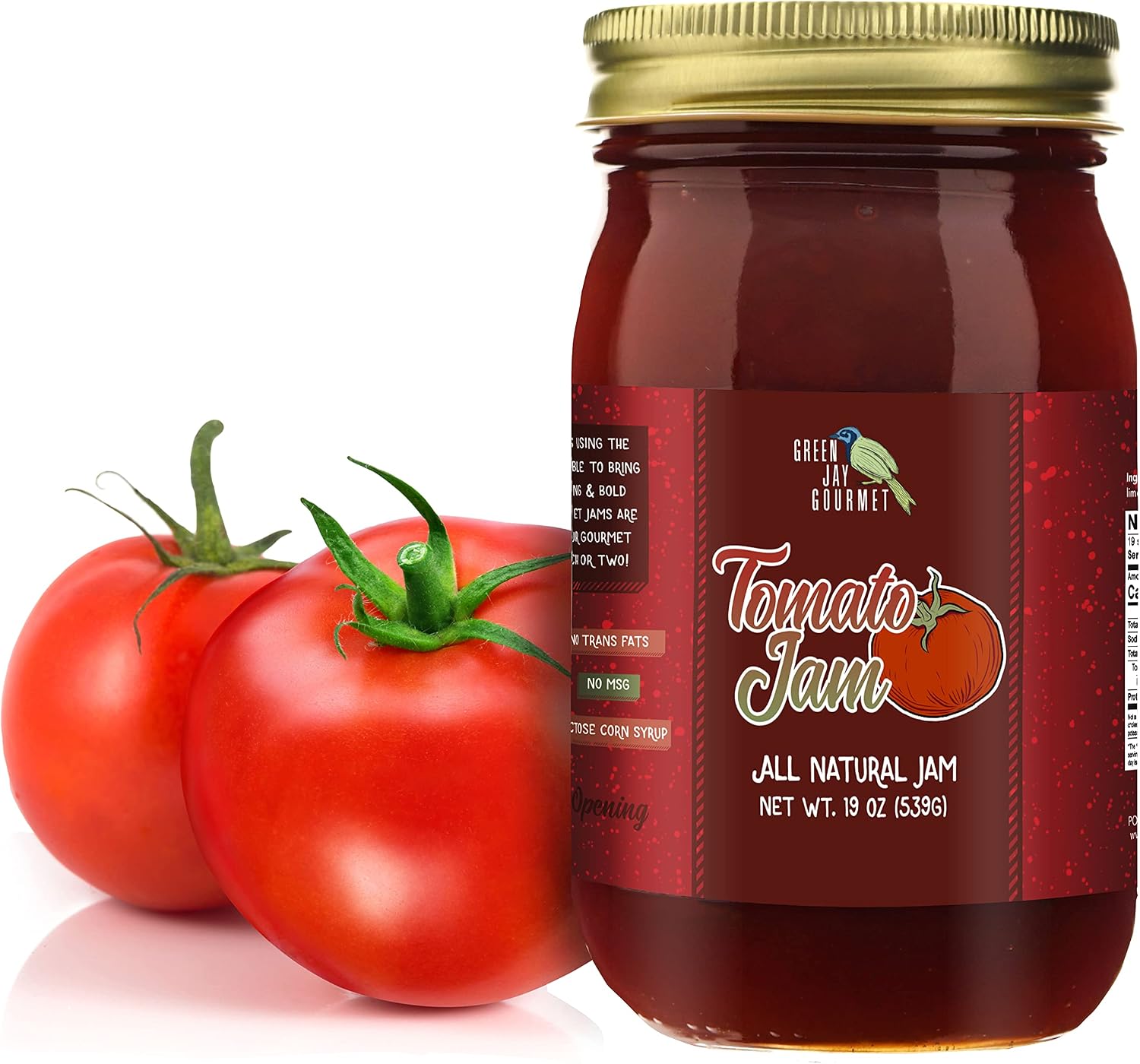 Green Jay Gourmet Tomato Jam - Tomato Ketchup Alternative - Premium Tomato Jelly - Sweet & Savory Tomato Spread & Jam Preserves - Vegan, Gluten Free Jam - 19 Ounces