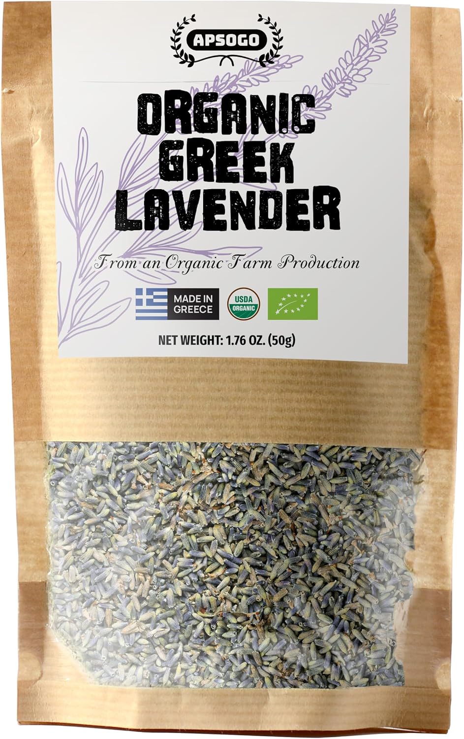 Apsogo Organic Greek Lavender Flowers - Dried Culinary Lavender Buds for Tea, Baking & Sachets - Organic Lavender Tea, Strong Aroma, Relaxation & DIY Use - Resealable Pouch 1.76 oz