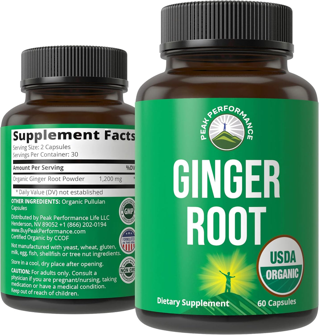 Peak Performance USDA Organic Ginger Root Capsules. Vegan Ginger Pills Supplement for Women & Men to Support Digestion, Occasional Nausea Relief, Gas & Bloat Support, and Gentle Stomach Comfort