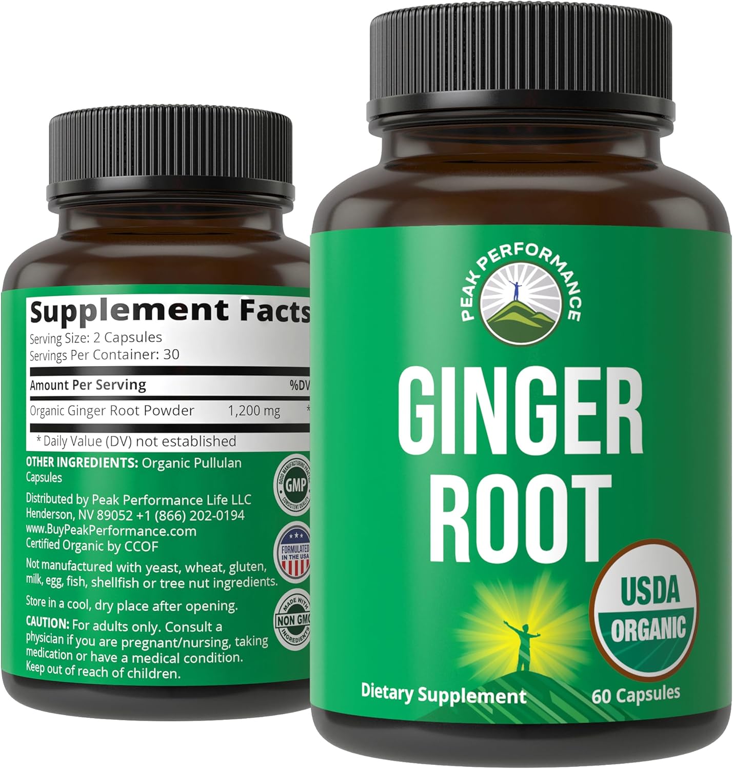 Peak Performance USDA Organic Ginger Root Capsules. Vegan Ginger Pills Supplement for Women & Men to Support Digestion, Occasional Nausea Relief, Gas & Bloat Support, and Gentle Stomach Comfort