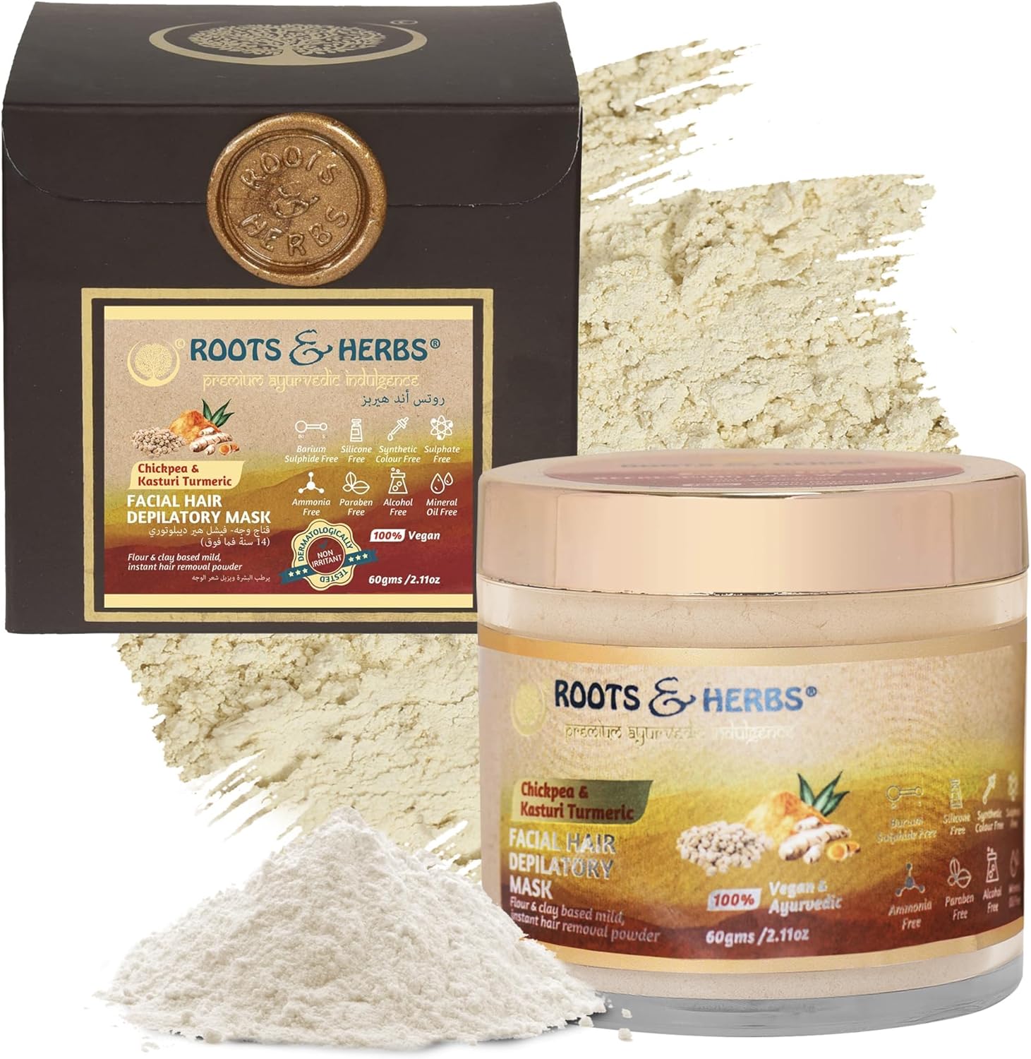 Chickpea & Kasturi Turmeric Facial Hair Removal Powder - For Men & Women, Chin, Jawline & Upper Lips - Depilatory Mask with Ayurvedic Herbs - Roots & Herbs, 2.11oz