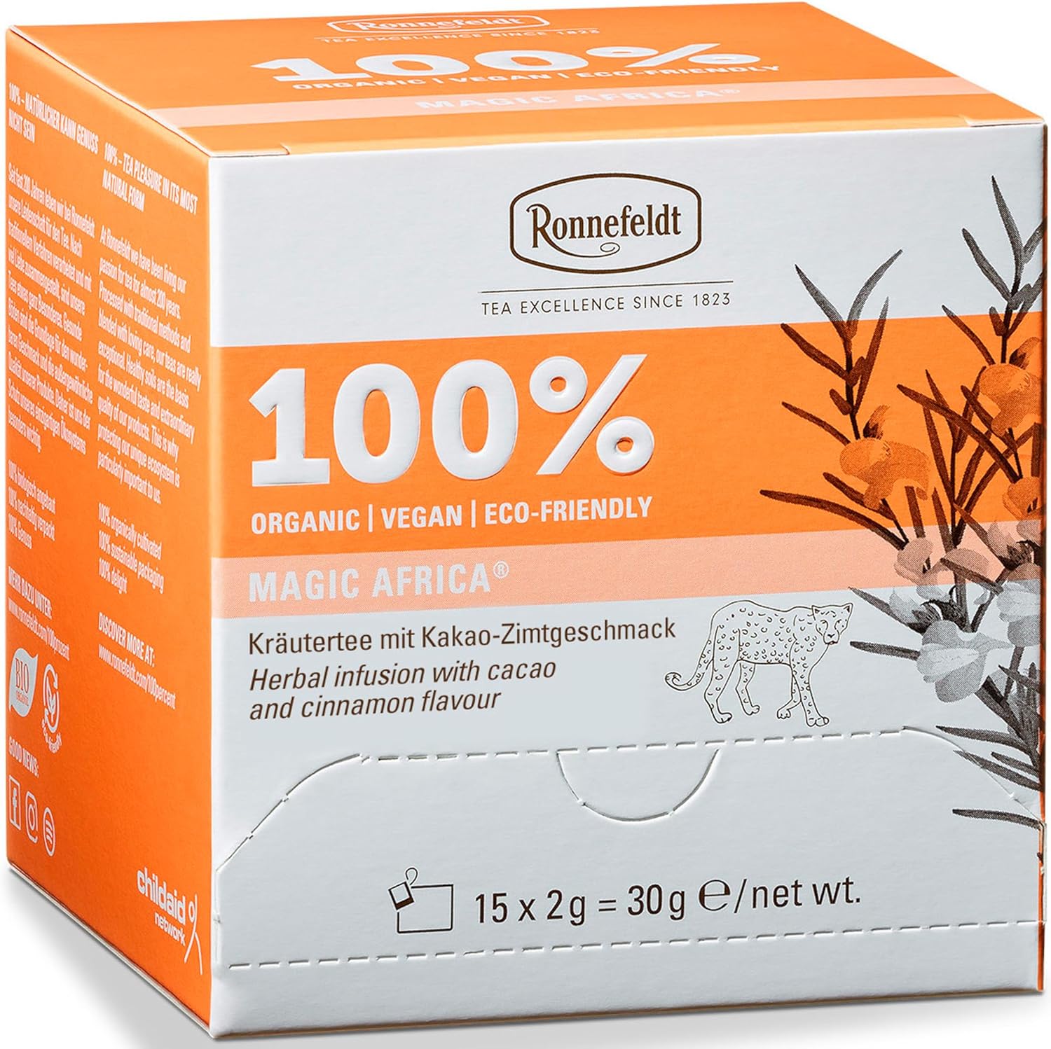 Ronnefeldt 100% Magic Africa – Rooibos Chai – Herbal German Tea with Cocoa Shells & Cassia – Loose Leaf in 15 Individually Wrapped Bags – Naturally Caffeine-Free Herbal Infusion with Cacao and Cinnamon Flavour
