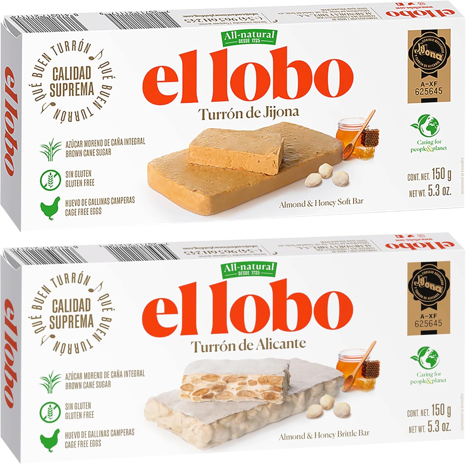 El Lobo Turron Alicante & Jijona Variety Pack, Spanish Hard & Soft Almond Nougat - Traditional Crunchy & Creamy Turrone From Spain, Gluten Free, 2 Pack