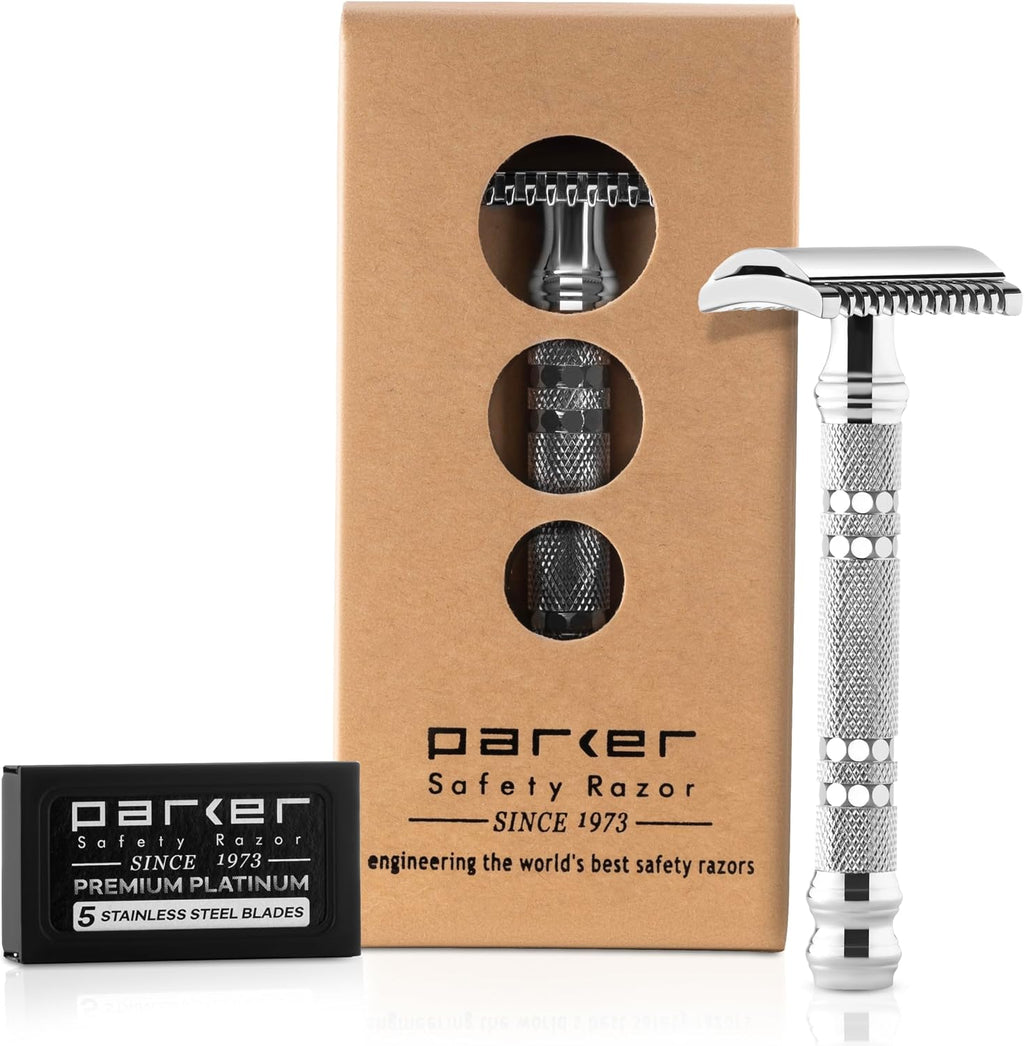 Parker Open Comb Double Edge Safety Razor – Heavyweight Chrome Handle for Closer Shaves – Includes 5 Razor Blades – Ideal for Men with Thick or Coarse Beards (24C-Chrome)