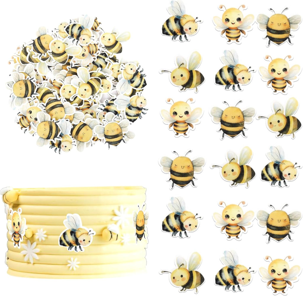 60 PCS Edible Bumble Bee Cupcake Toppers Edible Honey Bee Cupcake Picks Waper Paper Oh Babee Cupcake Decorations for Bee Theme Baby Shower Boys Girls Birthday Party Cake Food Decorations Supplies