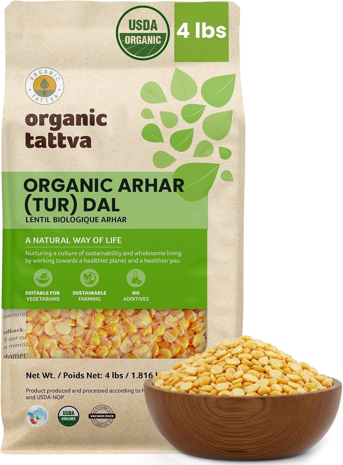 Organic Tattva Toor Dal (4 lbs) - Unpolished Organic Tur Dal (Arhar) - Nutritious & Rich in Taste - Dried Yellow Split Peas - All-Natural Plant-Based Protein - USDA Certified