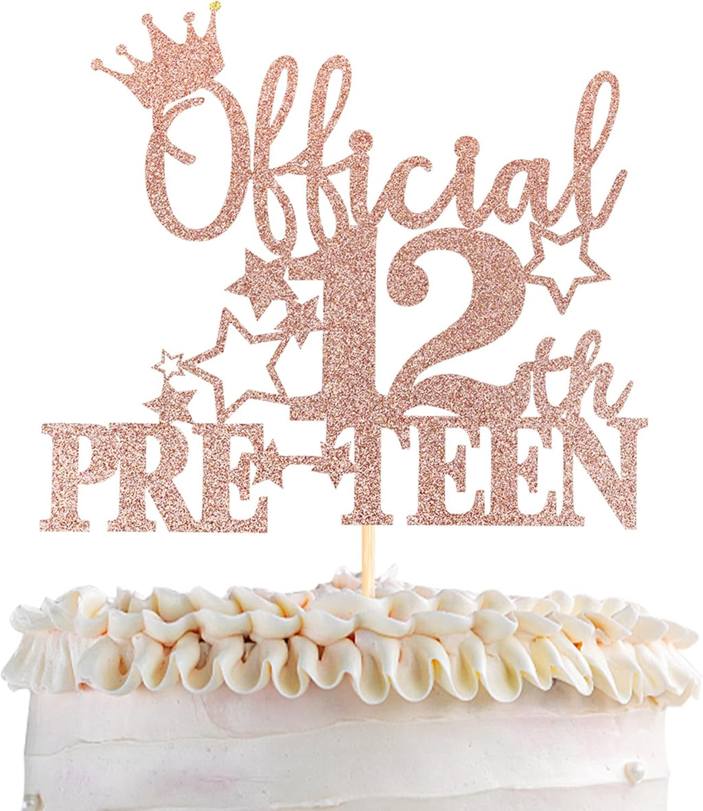 1 Pack Official Pre-teen 12 Cake Topper Glitter Happy 12th Birthday Cake Pick Cheers to 12 Years Old Cake Decorations for Teen 12th Birthday Party Supplies Rose Gold