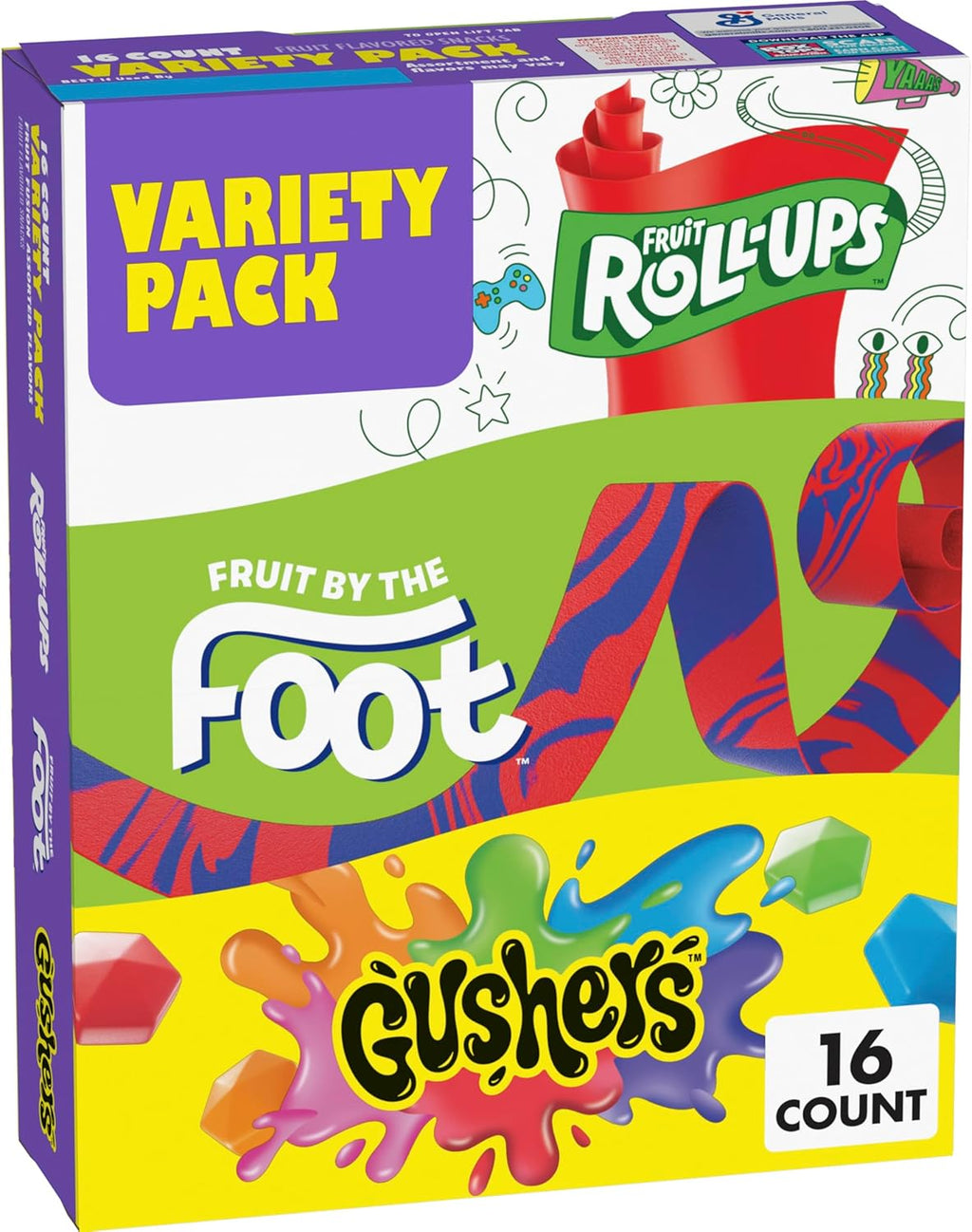 Fruit Roll-Ups, Fruit by the Foot and Gushers Fruit Flavored Snacks Variety Pack, Gluten Free, 16 Pouches, 10.2 oz