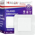 HEALQU Island Dressing - 4"x4", 30 Count - Bordered Gauze Sterile Individually Wrapped Gauze Pads, Water-Resistant, Non-Woven Backing - Soft and Breathable Wound Dressing for First Aid and Medical