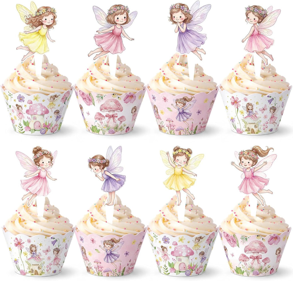 96 PCS Fairy Cupcake Topper Decoration - Birthday Party Cupcake Wrappers Decor Wing Ballet Dancer Cake Pink for Bridal Shower Birthday Party Supplies