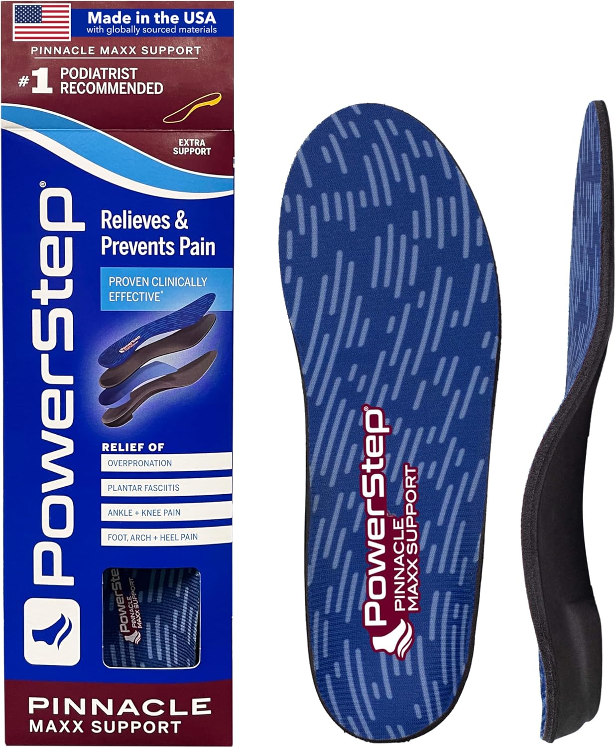 PowerStep Pinnacle Maxx Orthotic Insoles, Maximum Stability & Comfort, Firm & Flexible Angled Heel, Flat Feet & Overpronation, Heavy Duty Shoe Inserts for Men & Women, Made in USA