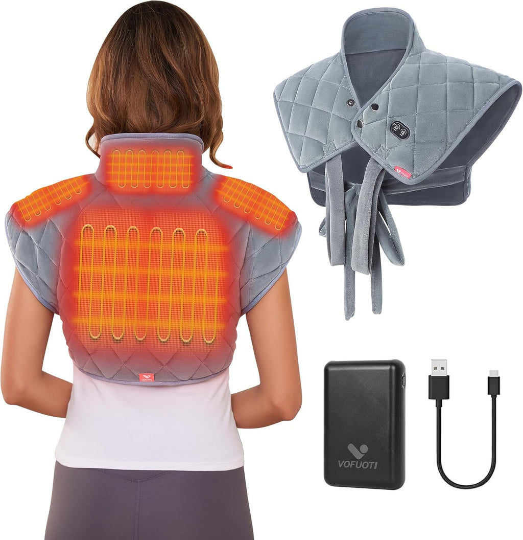 Vofuoti Heating Pad for Neck and Shoulders, Portable Cordless Heating Pad with Massager and Battery, Weighted Electric Heated Neck Shoulder Wrap, 16'' x 22'', 2.2lbs-Gray