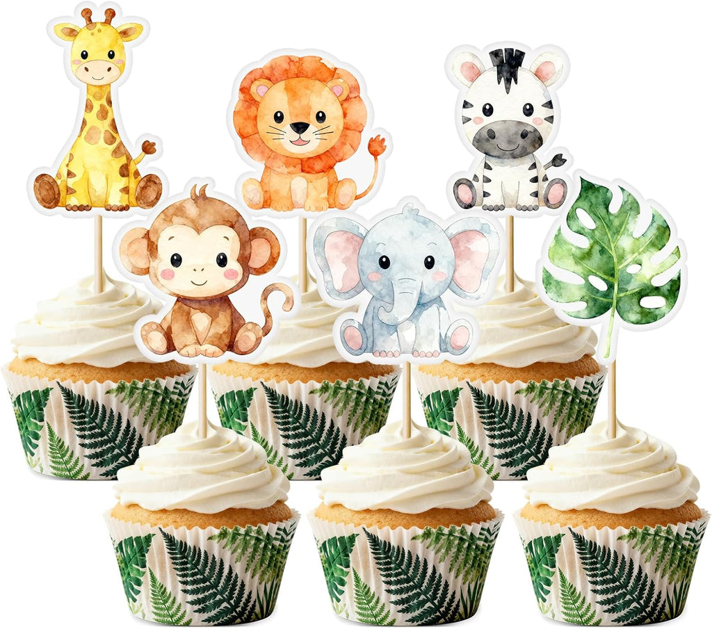 48 Pcs Animal Cupcake Toppers Jungle Safari Zoo Theme Cake Picks Cute Animal Party Decorations for Baby Shower Birthday Party Supplies