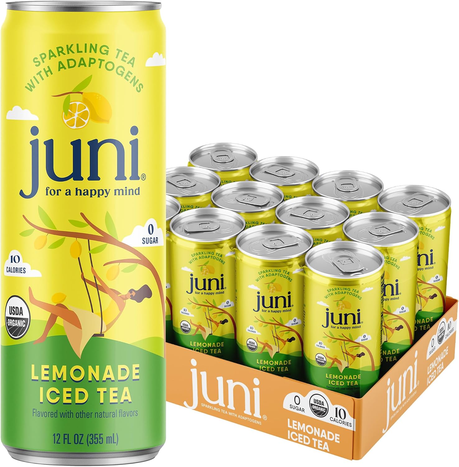 Juni Sparkling Adaptogen Drink with Ashwagandha, Lion’s Mane & Reishi Mushrooms, Green Tea for Focus, Zero Sugar, 10 Calories, Organic Non Alcoholic Drinks - Lemonade Iced Tea 12 pack