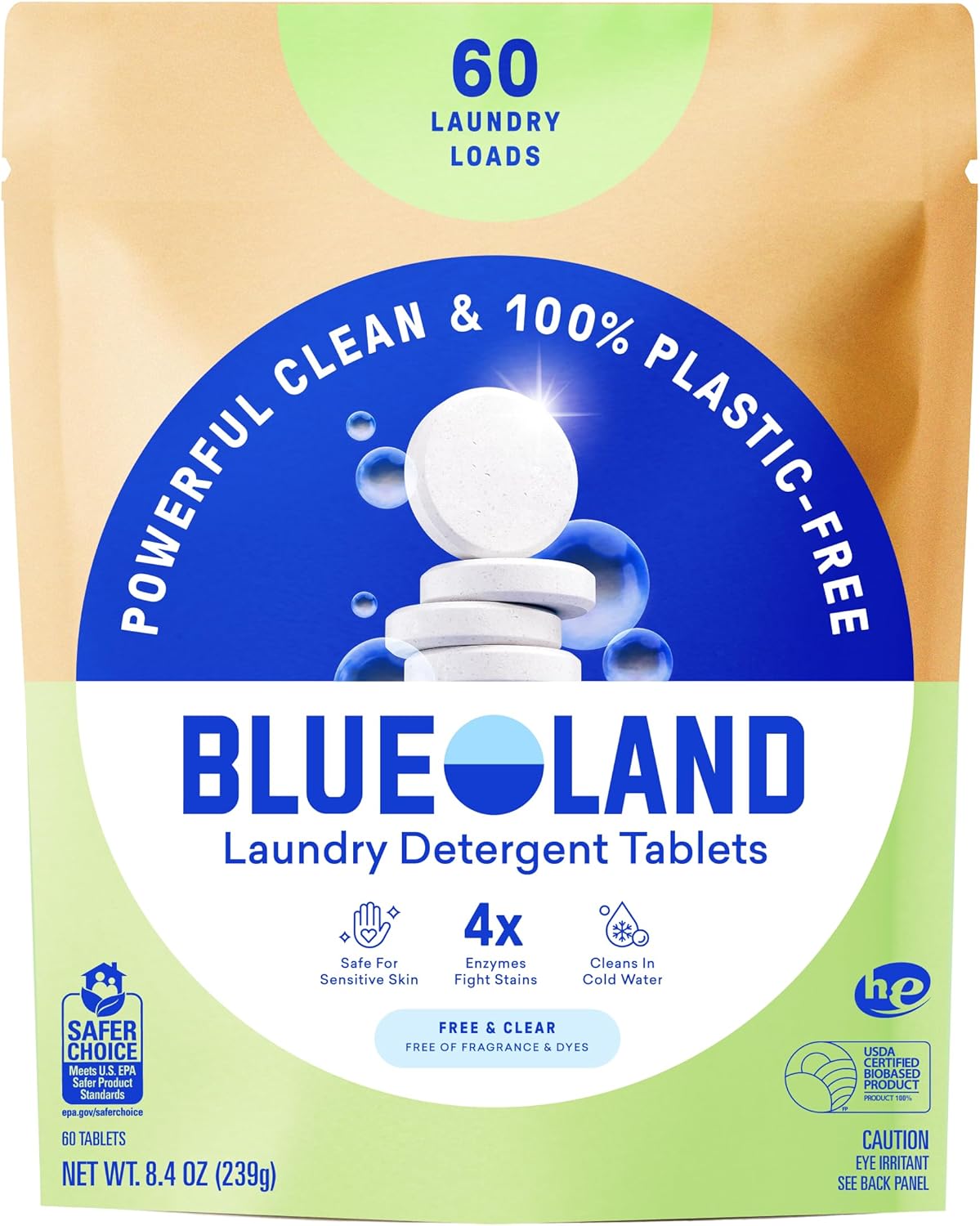 BLUELAND Laundry Detergent Tablets, 60 Count, Plastic-Free Eco-Friendly Pods, Sheets, Liquid Alternative - Fragrance Free and Clear, Natural, Gentle