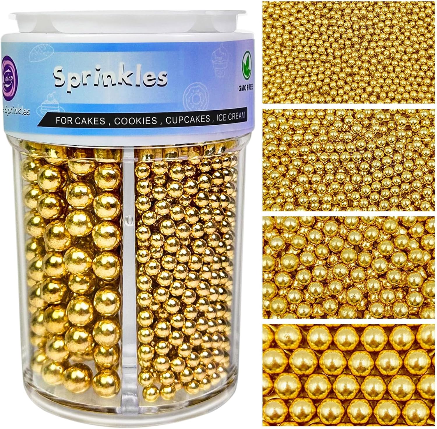 Gold Sprinkles for Cake Decorating, 4 Sizes Pearl Sprinkles Mix 7.8Oz for Cake Cupcake Ice Cream Donuts Cookie Baking Toppings