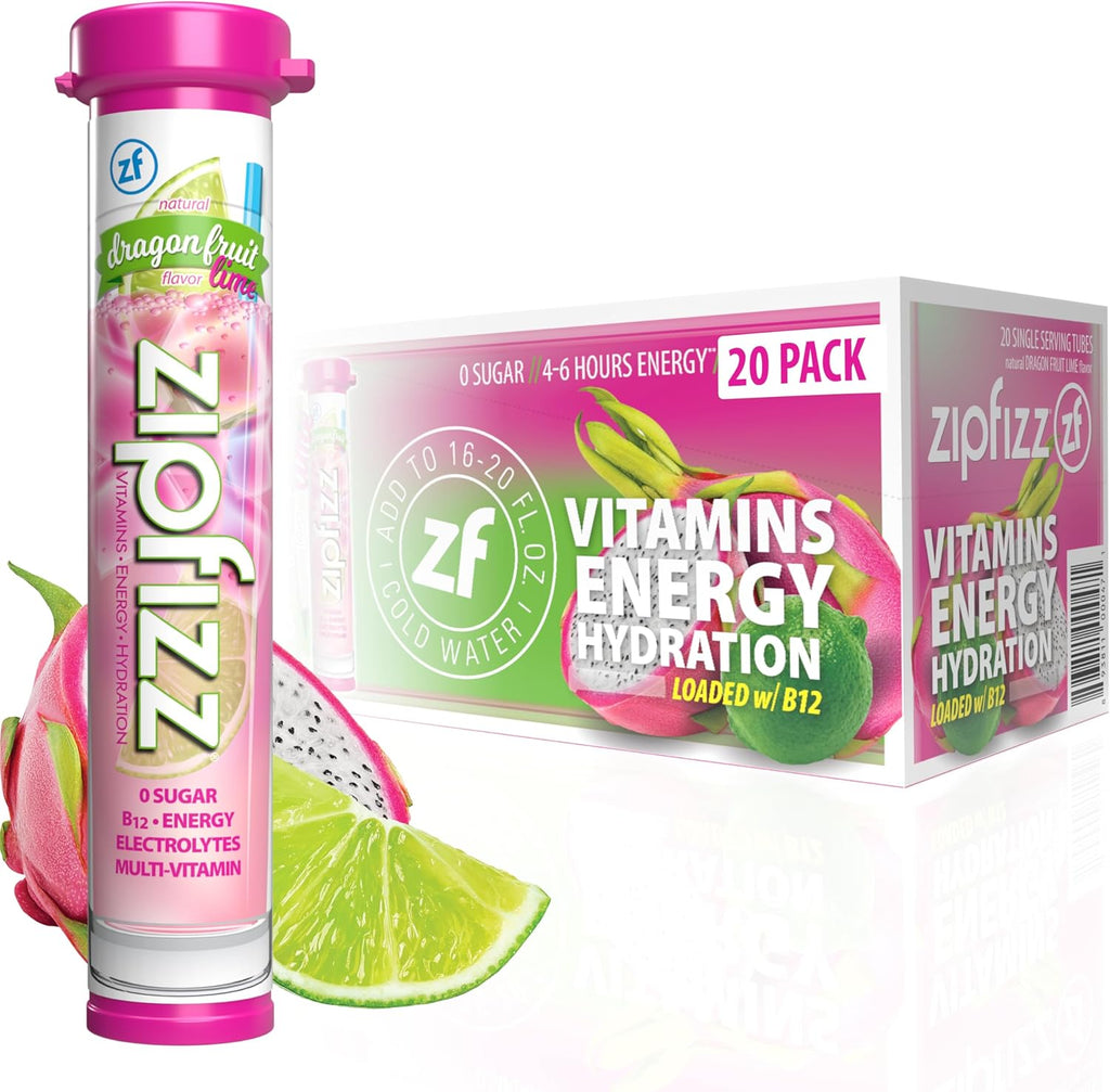Zipfizz Daily Energy Drink Powder, Dragon Fruit Lime, 20 Pack | 3-in-1 Sustained Energy, Rapid Hydration, and Essential Vitamins | Sugar-Free | Electrolyte Powder | Contains Vitamin B-12 & Antioxidants