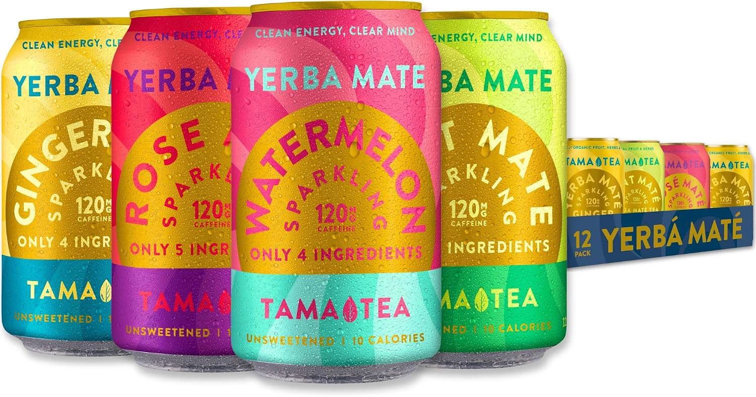 Organic Sparkling Yerba Mate, Unsweetened Yerba Mate Tea Variety Pack by Tama Tea - Sugar Free Energy Drink Alternative, 120mg of Natural Caffeine, 12 oz (12-Pack)