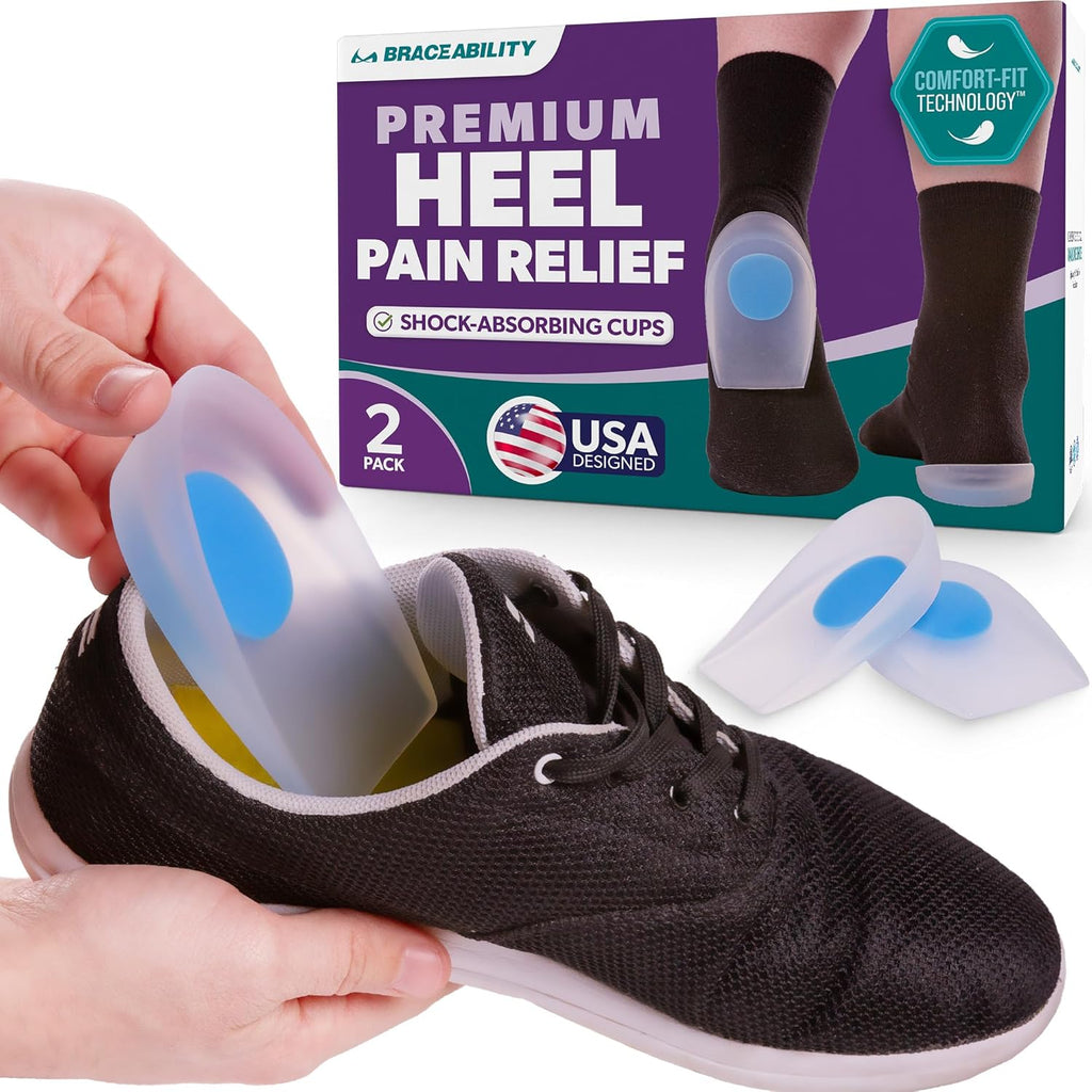 BraceAbility Heel Spur Cups | Medical-Grade Silicone Plantar Fasciitis Insole Cushion Pads, Gel Foot Orthotic & Shoe Insert Protectors (Pair - Large)