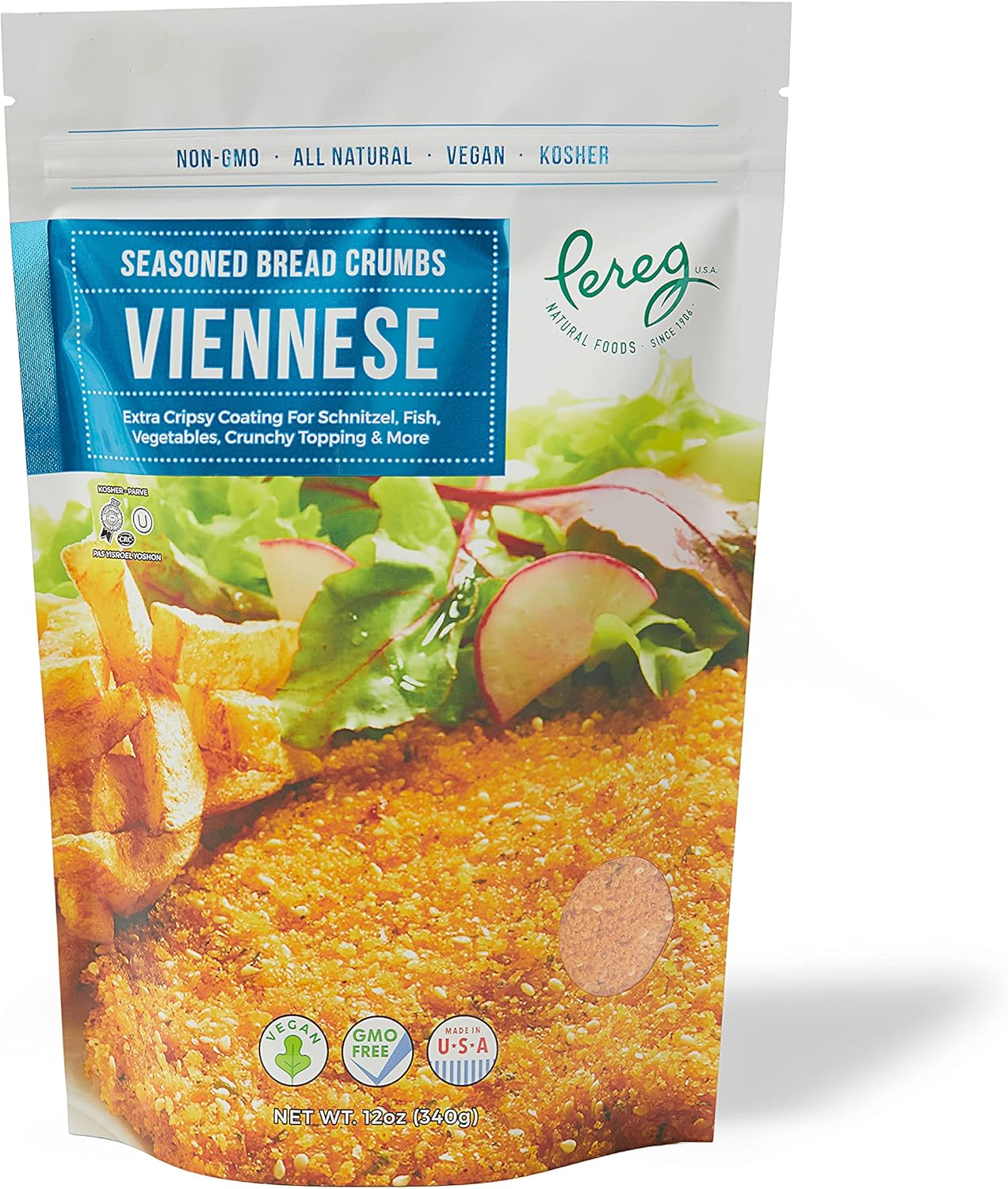 Pereg Bread Crumbs Viennese (12 Oz) - Crispy Crunchy Breadcrumbs for Coating & Stuffing - Coat Schnitzel, Vegetables, Fish, Meatballs - Kosher Certified - Resealable Packaging
