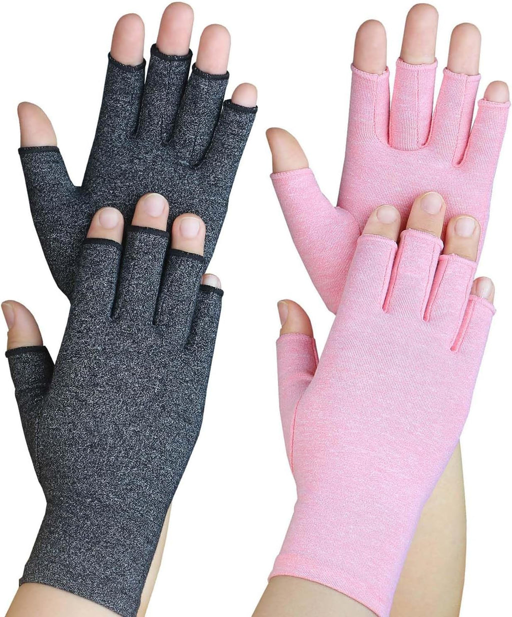 2 Pairs Arthritis Gloves, Hand Compression Gloves for Rheumatoid, Pain Relief, Carpal Tunnel, Swelling, Joint Support, Driving Fingerless Gloves for Women Men (Black + Pink, Medium)