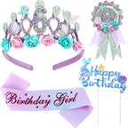 4 Pack Mermaid 6th Birthday Decorations: Crown, Sash, Pin, Cake Topper for Girls' 6th Birthday Party