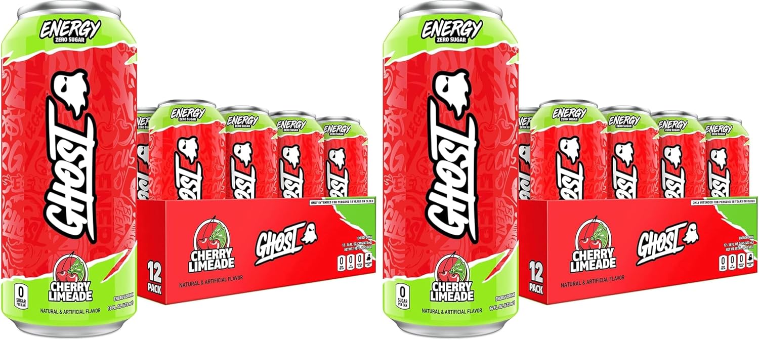 GHOST Energy Drink,Cherry Limeade,16oz - Energy & Focus & No Artificial Colors - 200mg of Natural Caffeine,L-Carnitine-& Taurine - Gluten-Free-& Vegan,(Pack of 24)