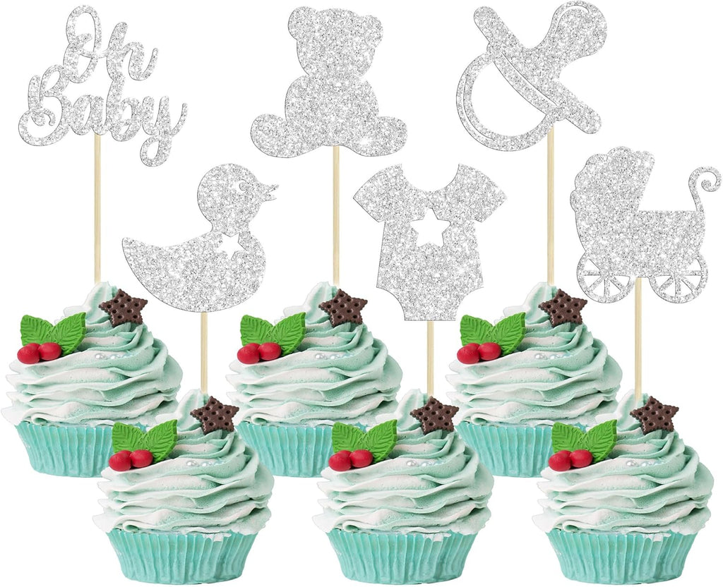 Gyufise 36Pcs Oh Baby Cupcake Toppers Glitter Pacifier Baby Carriage Bear Baby Shower Cupcake Picks for Gender Reveal Baby Shower Kids Birthday Party Supplies Silver