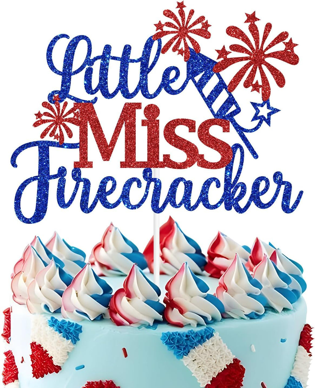 Little Miss Firecracker Cake Topper, 4th of July Birthday Cake Decorations, Patriotic America Independence Day Theme Baby Shower/Gender Reveal/Birthday Party Decorations
