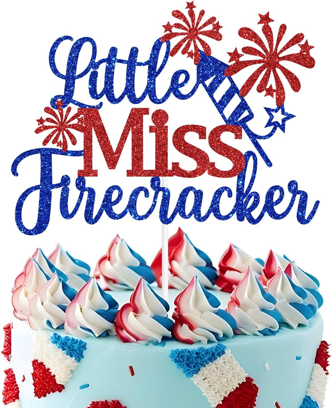 Little Miss Firecracker Cake Topper, 4th of July Birthday Cake Decorations, Patriotic America Independence Day Theme Baby Shower/Gender Reveal/Birthday Party Decorations