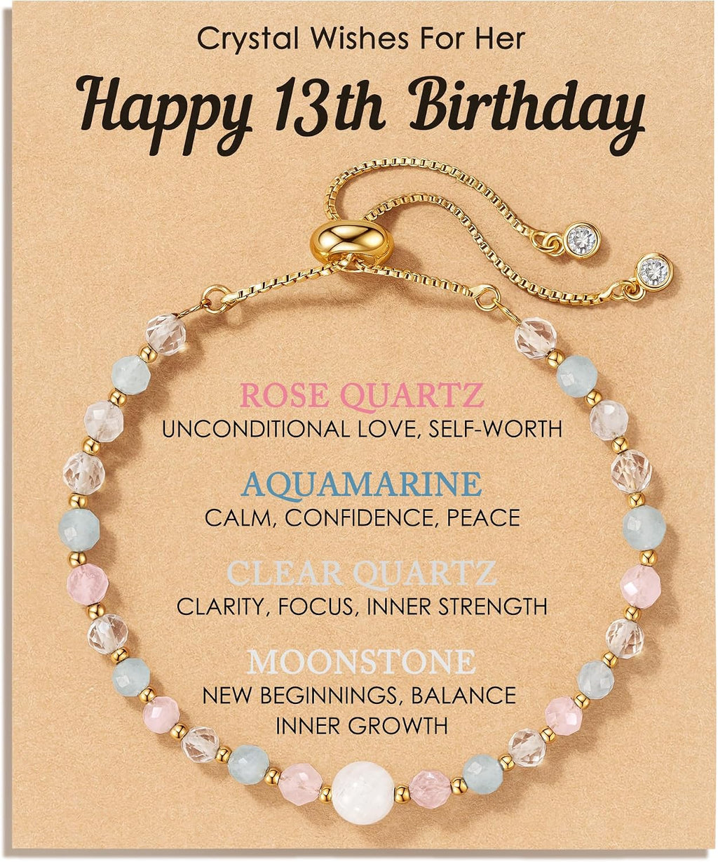 HGDEER Natural Crystal Bracelet 13th 16th Birthday Gifts for Girls - Rose Quartz Moonstone Aquamarine Healing Stones Jewelry with Meaning Card for Daughter Granddaughter