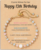 HGDEER Natural Crystal Bracelet 13th 16th Birthday Gifts for Girls - Rose Quartz Moonstone Aquamarine Healing Stones Jewelry with Meaning Card for Daughter Granddaughter