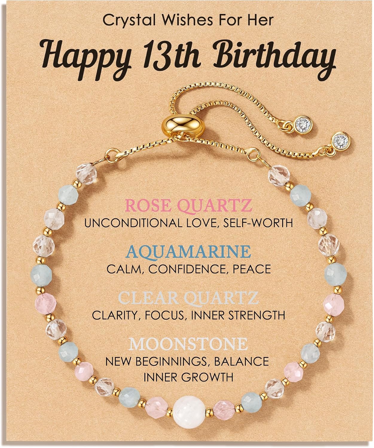 HGDEER Natural Crystal Bracelet 13th 16th Birthday Gifts for Girls - Rose Quartz Moonstone Aquamarine Healing Stones Jewelry with Meaning Card for Daughter Granddaughter