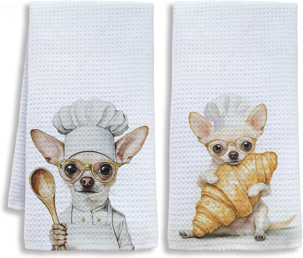 Funny Chef Chihuahua Kitchen Towels, Chihuahua Gifts for Women Men Dish Tea Towels, Dog Lover Gifts Decorative Hand Towel for Kitchen Bakery, 16x24 Inch Set of 2