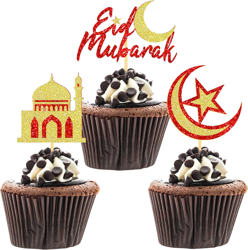 24 Pcs Eid Mubarak Cupcake Toppers for Eid Islamic Muslim Party Cake Decorations (Red Gold)