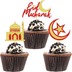 24 Pcs Eid Mubarak Cupcake Toppers for Eid Islamic Muslim Party Cake Decorations (Red Gold)