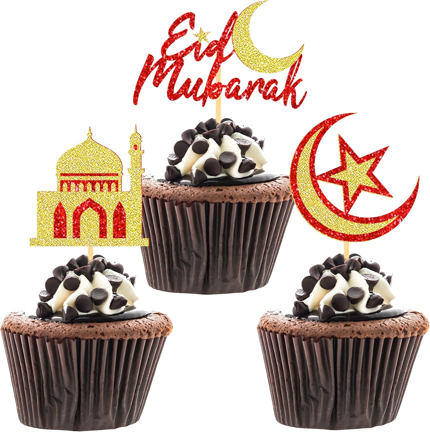 24 Pcs Eid Mubarak Cupcake Toppers for Eid Islamic Muslim Party Cake Decorations (Red Gold)