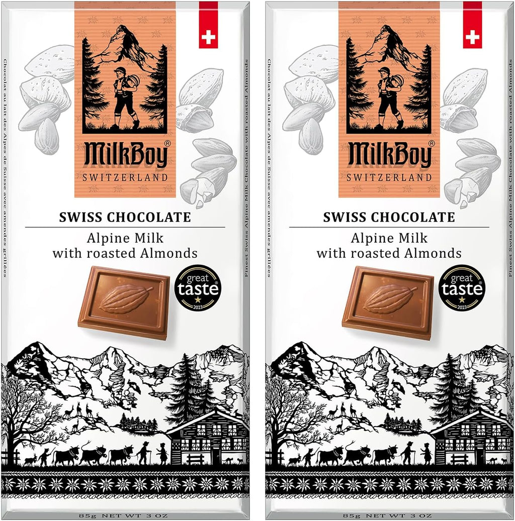 Milkboy Swiss Chocolates Almond Chocolate Bars - Premium Swiss Alpine Milk Chocolate with Almonds - All Natural, Gluten-Free, Non-GMO - Made in Switzerland, Kosher - 3 oz, Pack 2