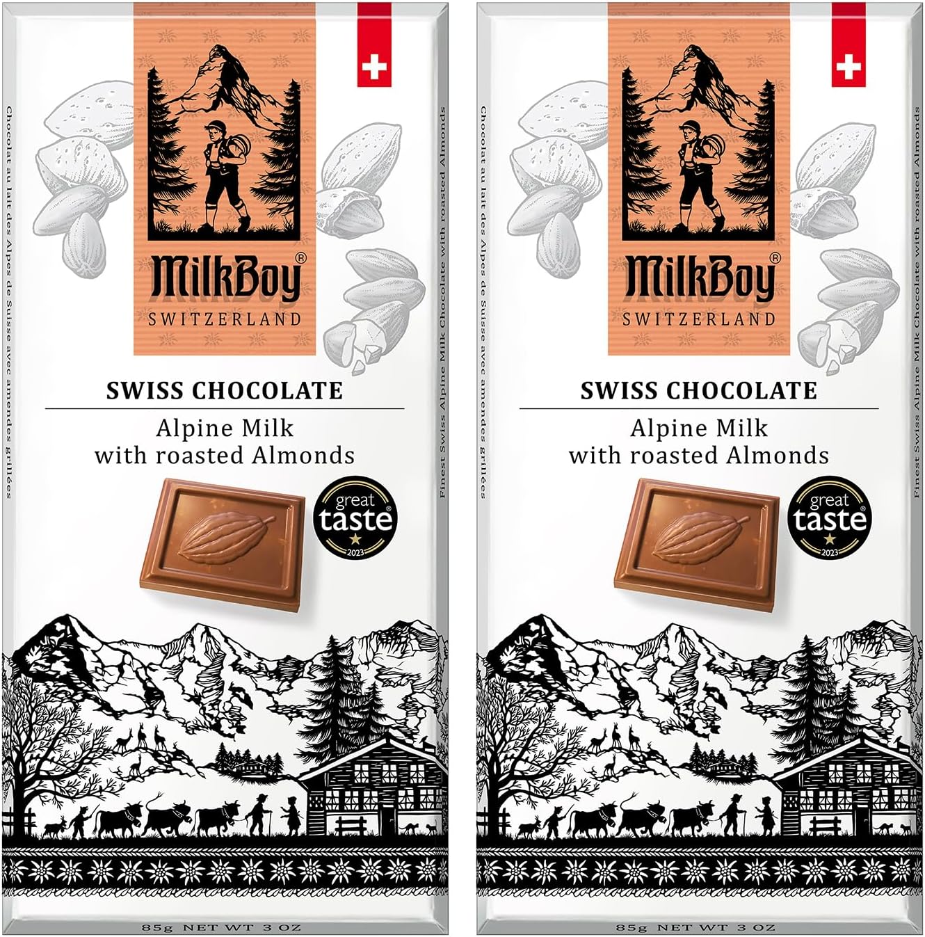 Milkboy Swiss Chocolates Almond Chocolate Bars - Premium Swiss Alpine Milk Chocolate with Almonds - All Natural, Gluten-Free, Non-GMO - Made in Switzerland, Kosher - 3 oz, Pack 2