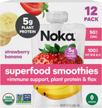 Noka Organic Superfood Fruit Smoothie Pouches, Strawberry Banana with Immune Support, Healthy Snacks with Elderberry, Vitamin C, Flax Seed and Plant Protein, Gluten Free, Vegan, 4.22 oz (12 Pack)