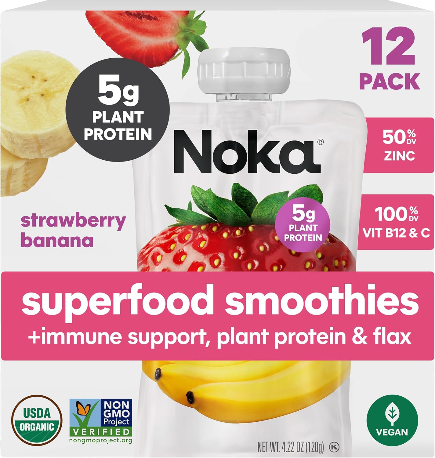 Noka Organic Superfood Fruit Smoothie Pouches, Strawberry Banana with Immune Support, Healthy Snacks with Elderberry, Vitamin C, Flax Seed and Plant Protein, Gluten Free, Vegan, 4.22 oz (12 Pack)
