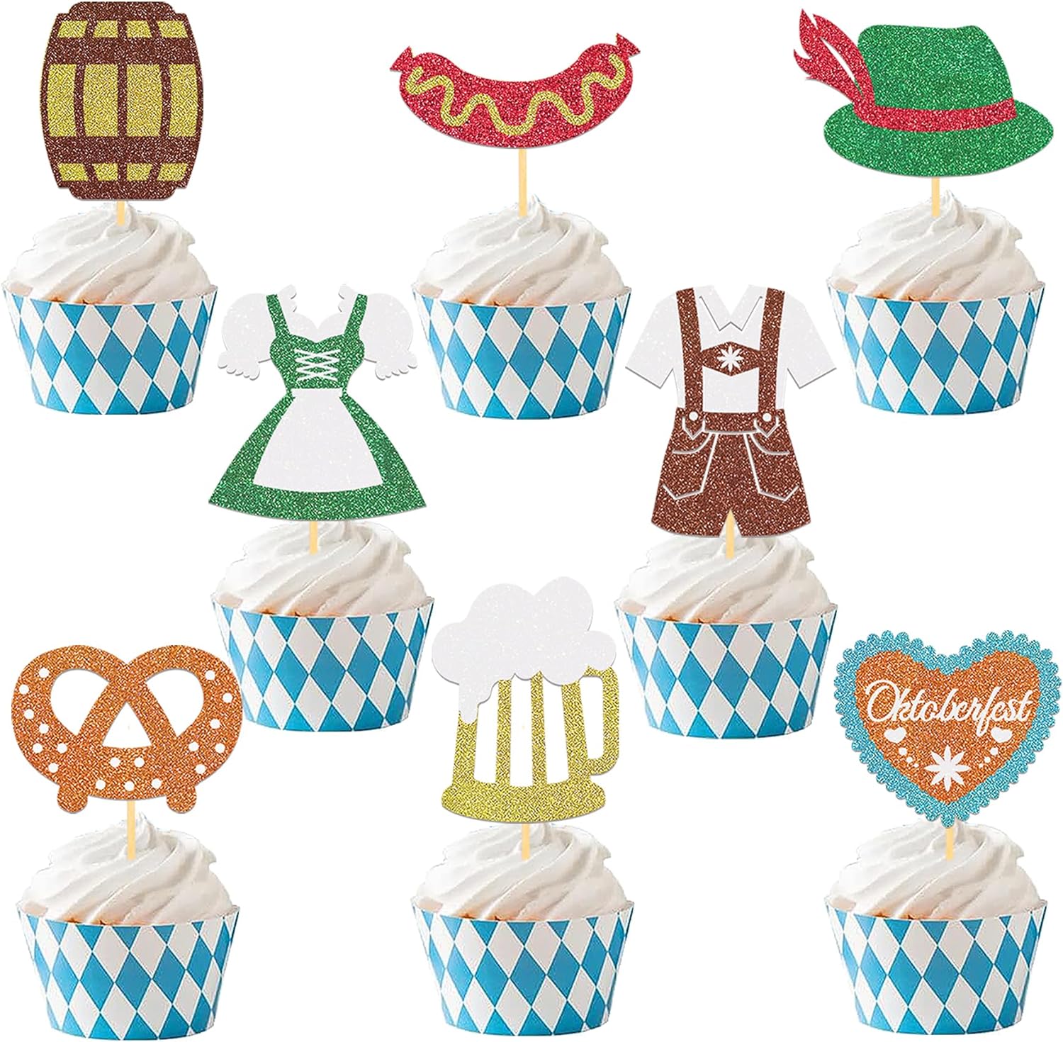 24Pcs Glitter Oktoberfest Cupcake Toppers, Beer Day Cake Topper, Bavarian Festival Cake Picks for Beer Theme Party Supplies, Oktoberfest Party Decorations (A)