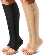 Zipper Compression Socks Open Toe 15-20mmHg for Women&Men 2 Pairs Knee High Support Socks for Running Cycling