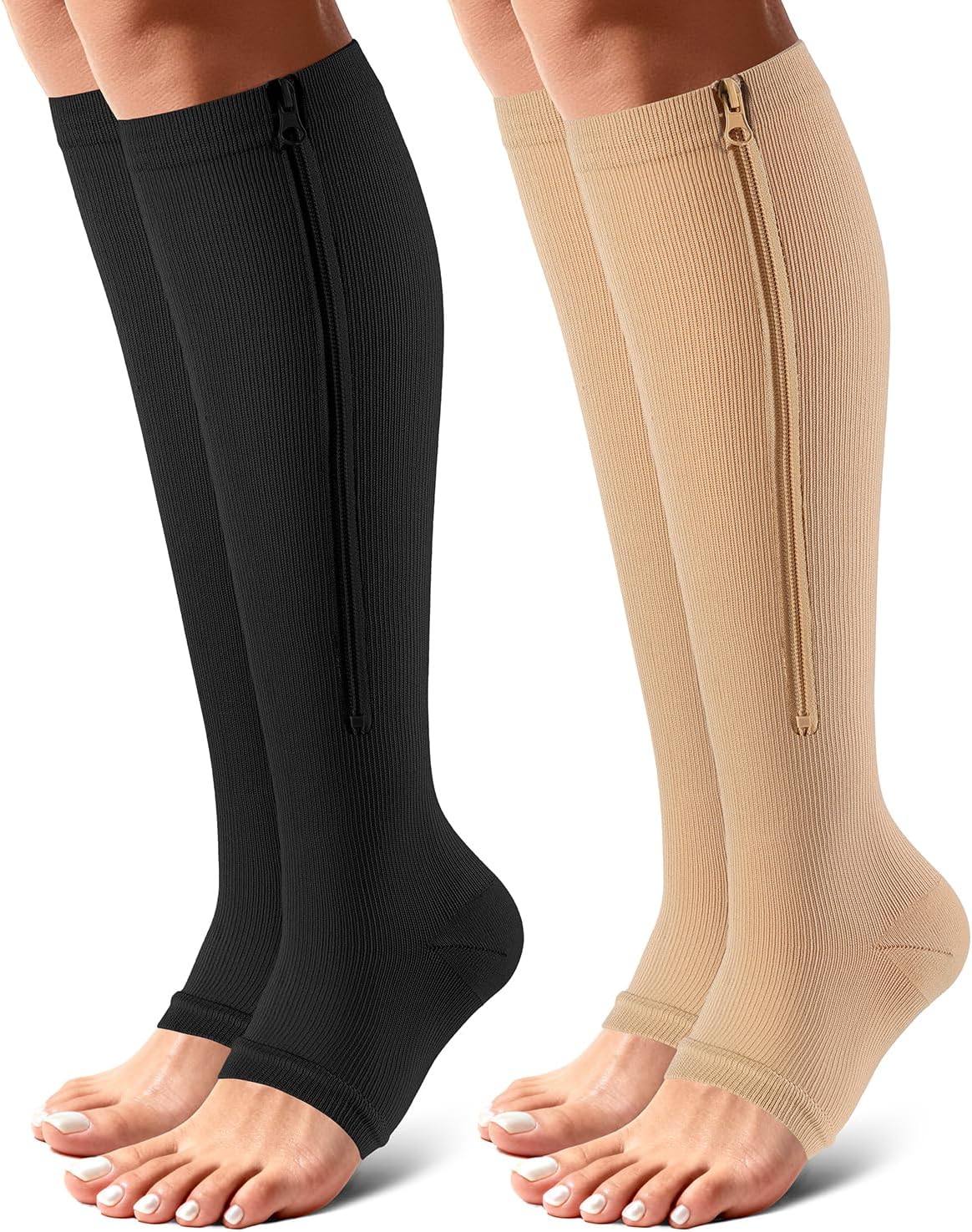 Zipper Compression Socks Open Toe 15-20mmHg for Women&Men 2 Pairs Knee High Support Socks for Running Cycling