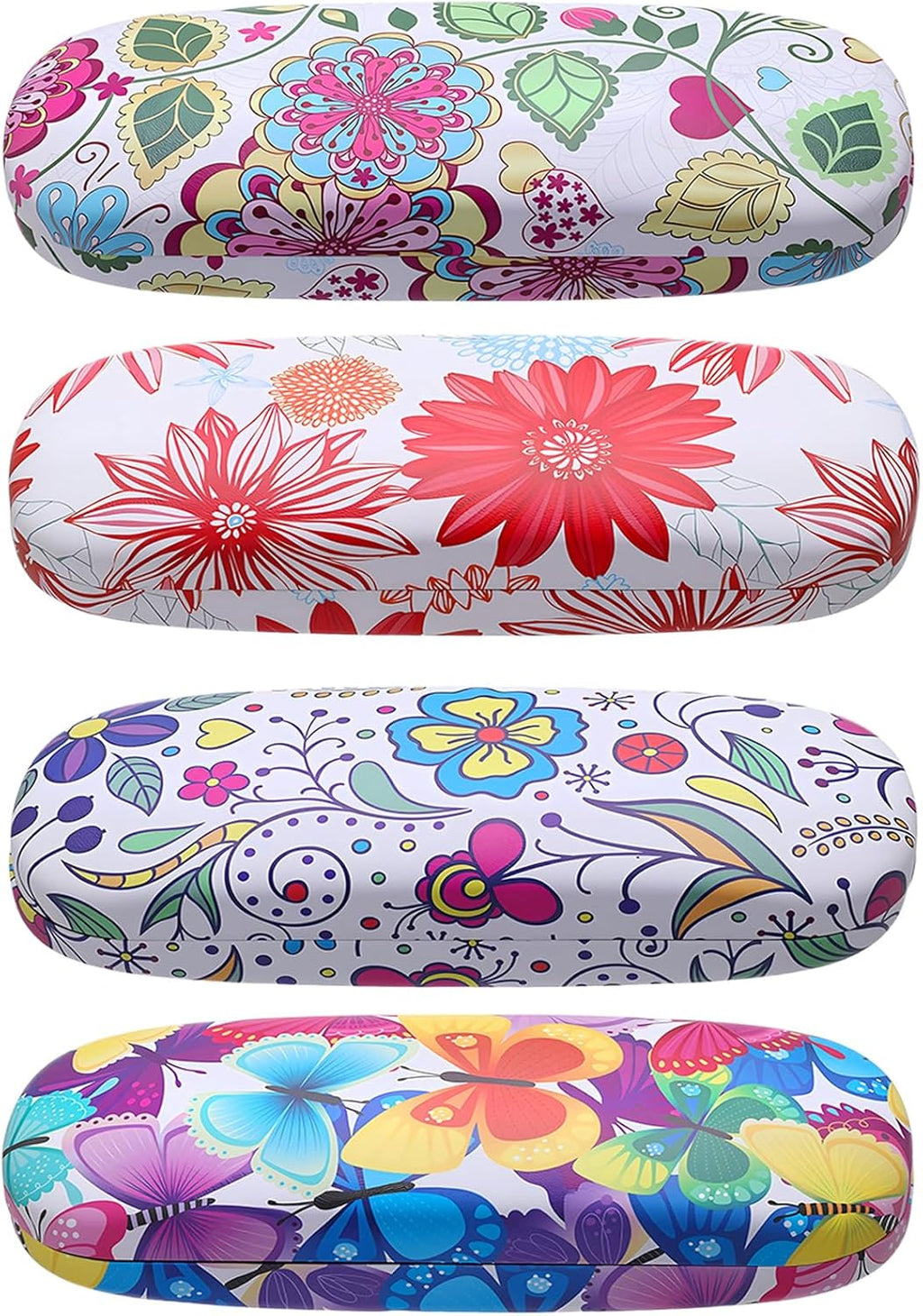 4-Piece Flower Sunglasses Case Set - PU Leather Hard Shell Glasses Box for Women (Floral and Butterfly Design) - Fits Large Sunglasses, Reading Glasses, and Goggles
