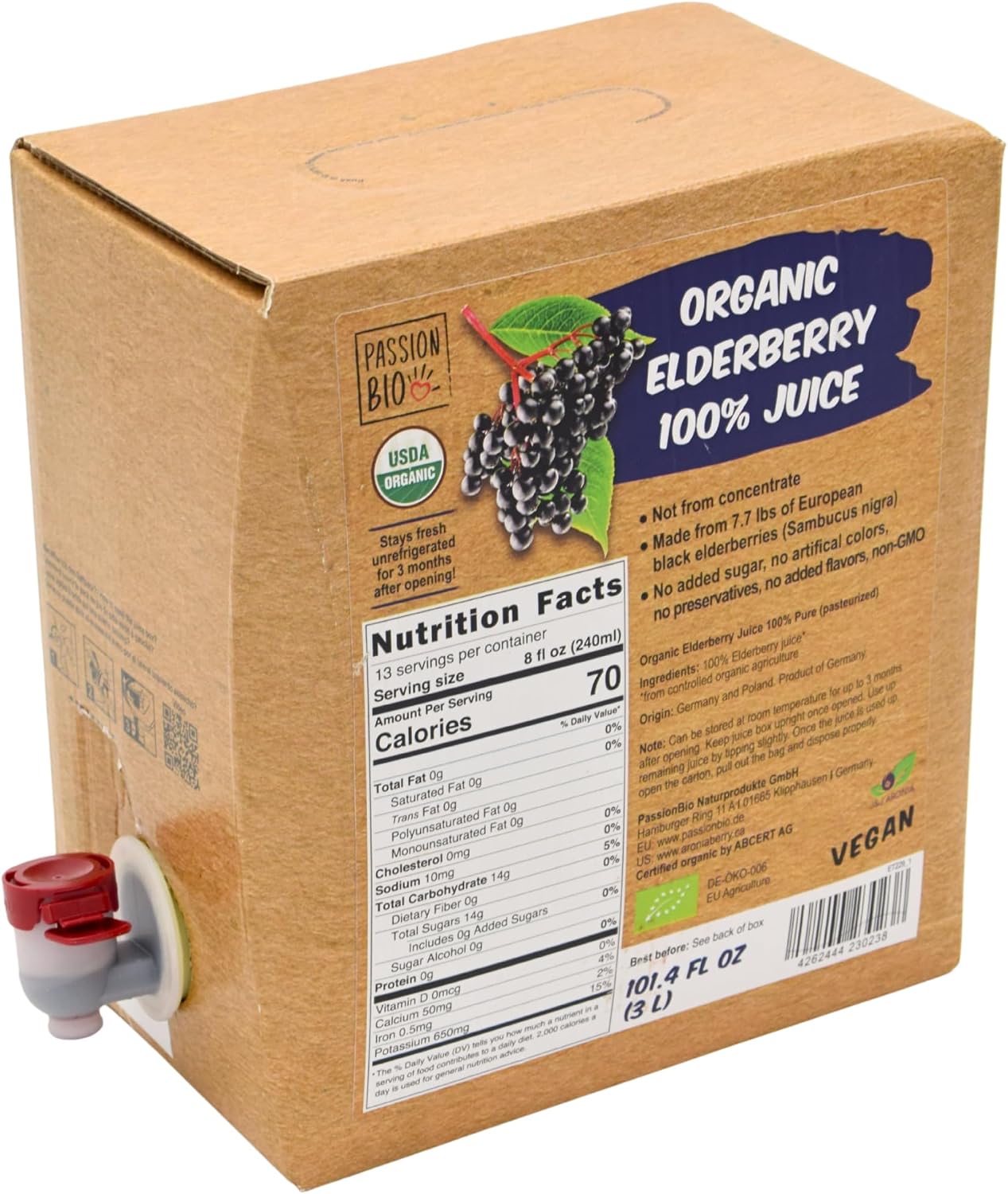 Organic Elderberry Juice Box 101.4 Fl Oz | Pure Fruit Juice, Not From Concentrate | Organic, Vegan, Non-GMO | No Added Sugar, Easy-Pour Tap Packaging