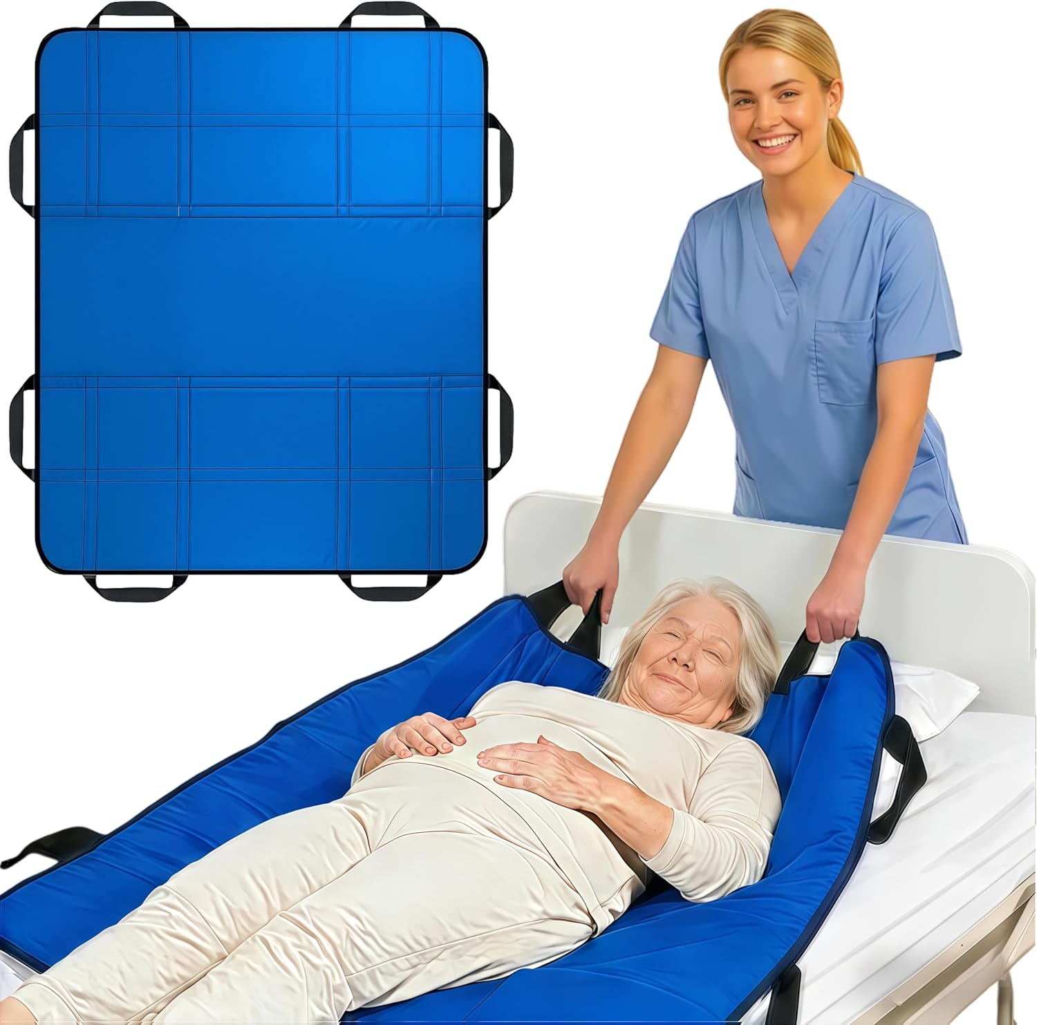 Upgraded 3-Layer Positioning Bed Pad with Handles, Transfer & Slide Sheet for Elderly Care, Waterproof Washable Draw Sheet for Turning, Lifting & Repositioning (48" x 40", Blue)