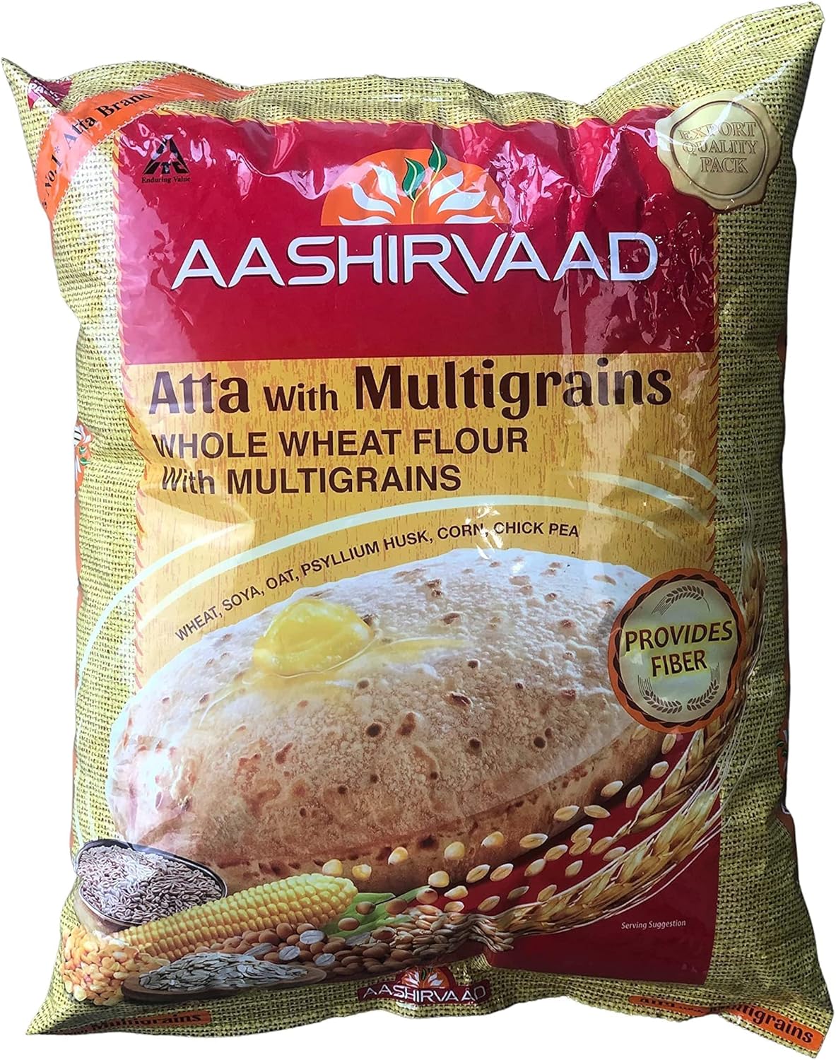 Aashirvaad Atta with Multigrains, Whole Wheat Flour with Multigrains, Wheat, Soya, Chick Pea, Maize, Psyllium Husk, Enduring Value, Product of India (4lb)